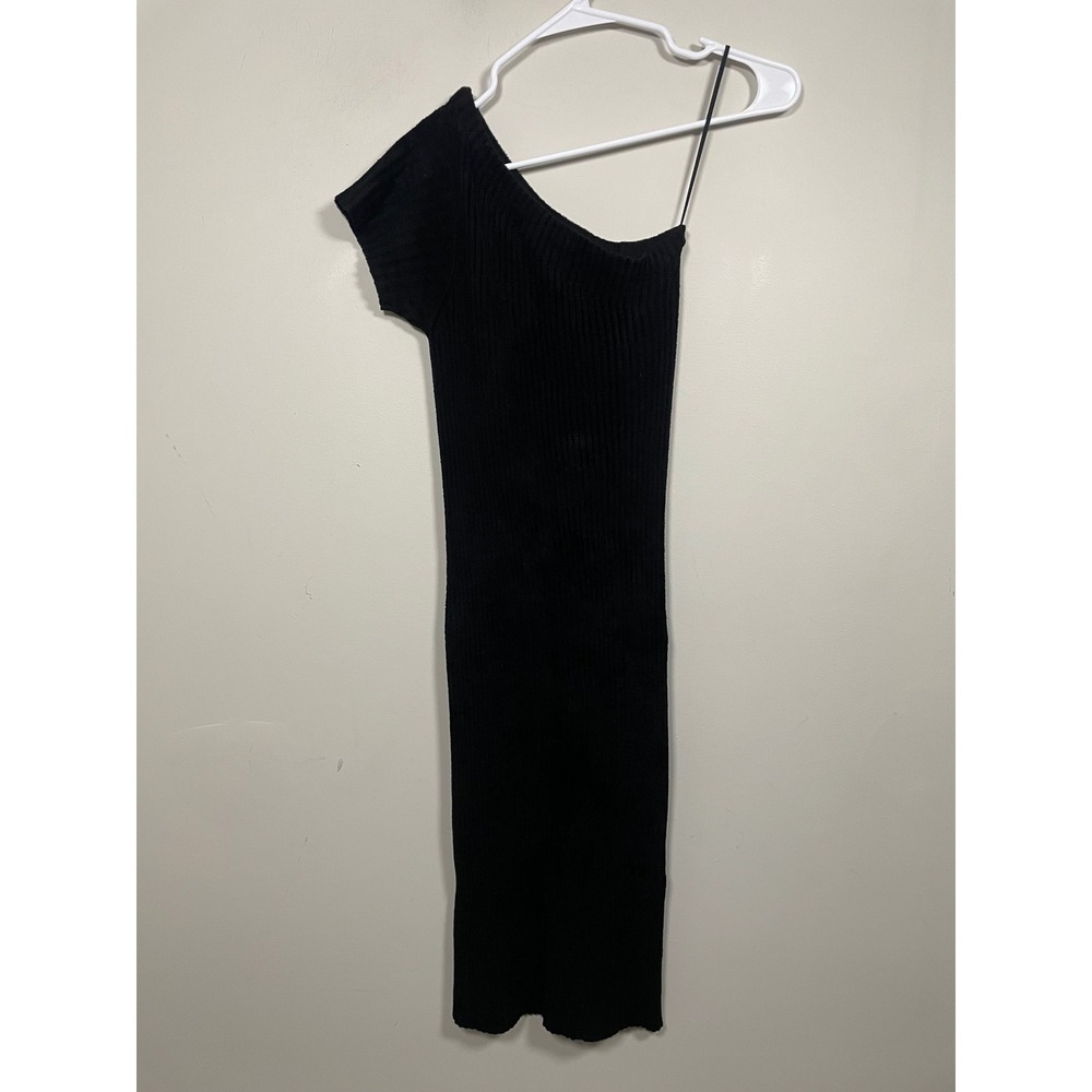 Helmut Lang One Shoulder‎ Short Sleeve Ribbed Midi Dress in Black Size Small